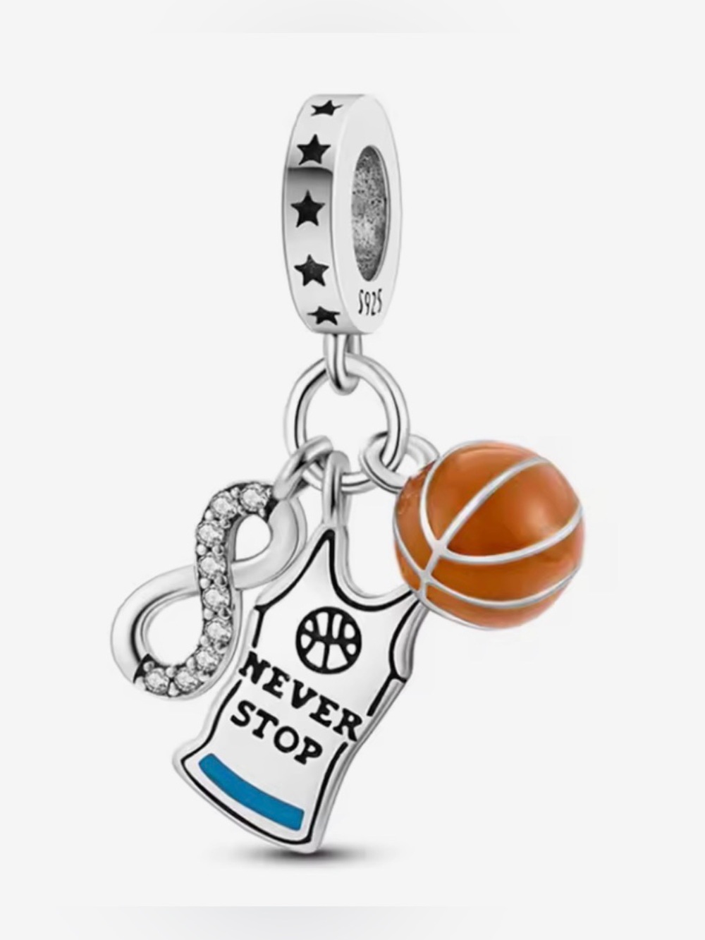 Silver & Orange Never Stop Basketball Jersey Charm Dangle with Basketball Charm